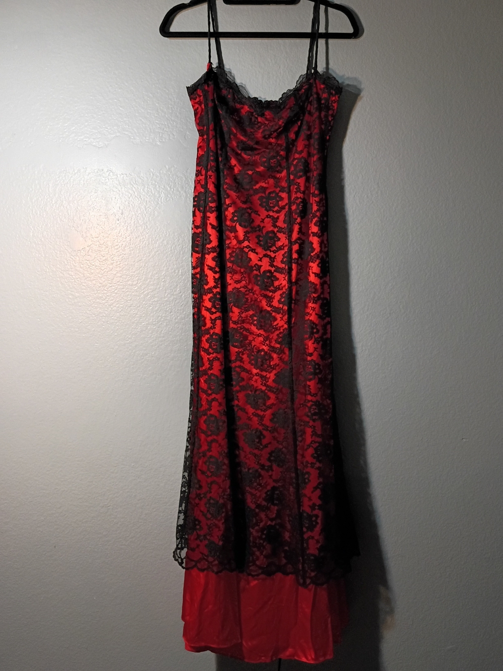 Red Slip Maxi Dress with Black Lace Overlay Vintage